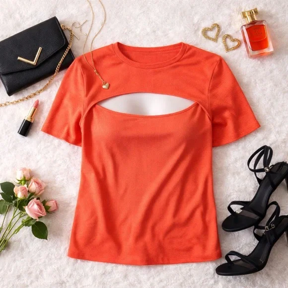 AVA & VIV Ribbed Cutout Top Coral Orange Short Sleeve Casual Shirt 4X - Picture 1 of 13